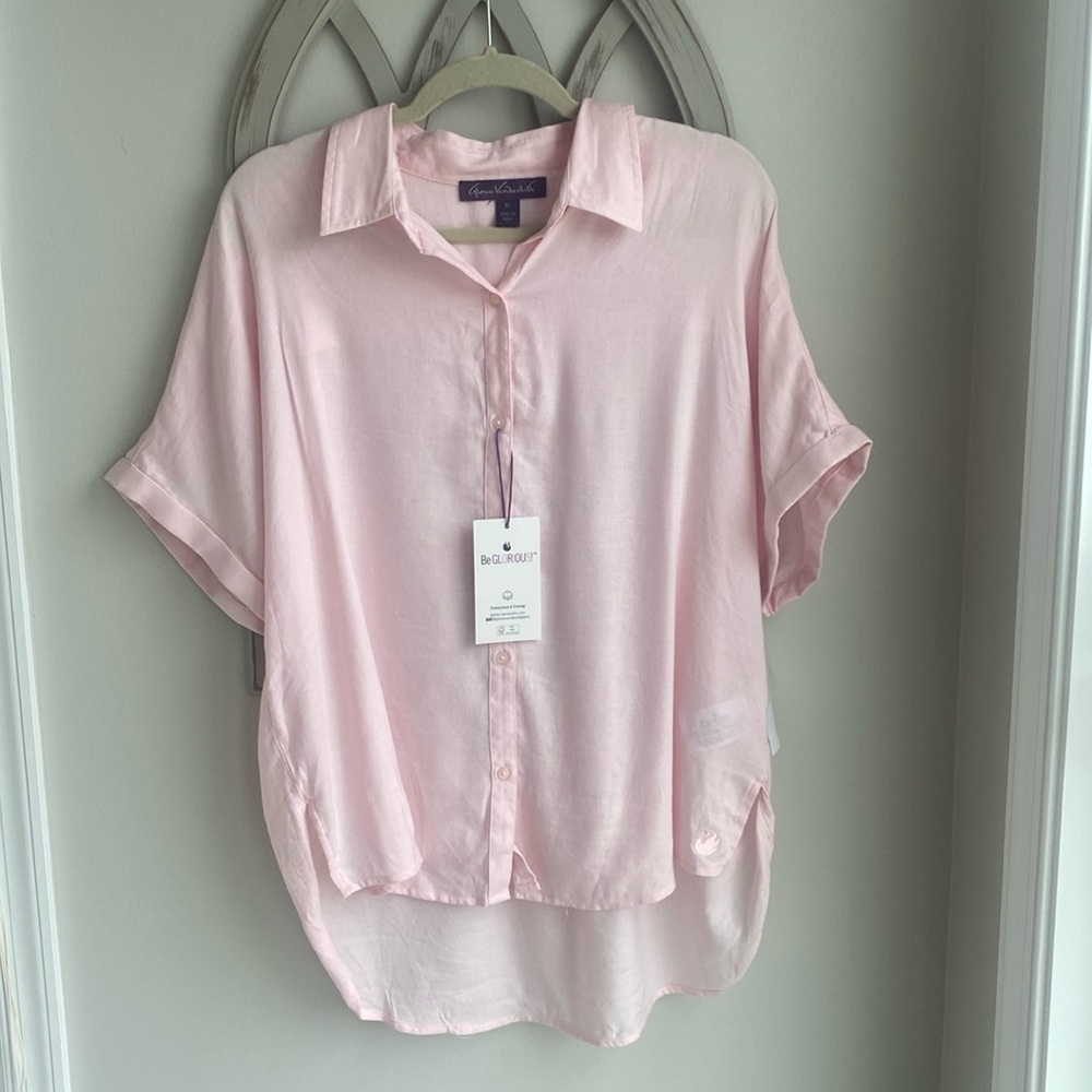 Gloria Vanderbilt Pink Cotton blend Short Sleeve Button Up Blouse XL NEW